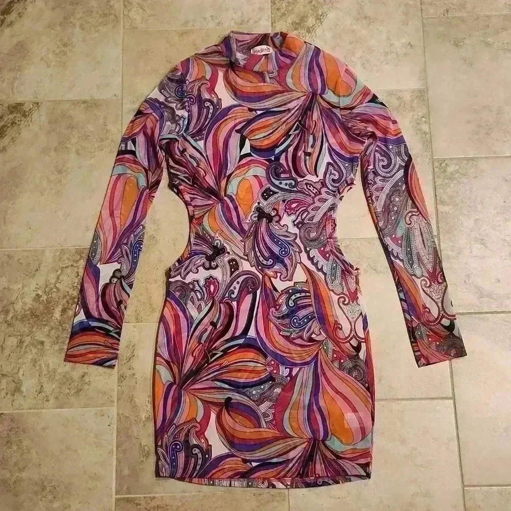 Madrag Sheer Mesh Long Sleeve Side Cut Out Dress